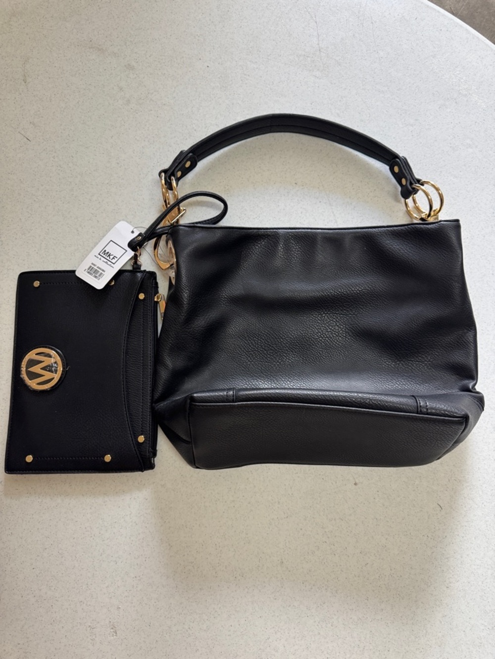 Mia K Black Vegan Leather Shoulder Bag with Matching Wristlet